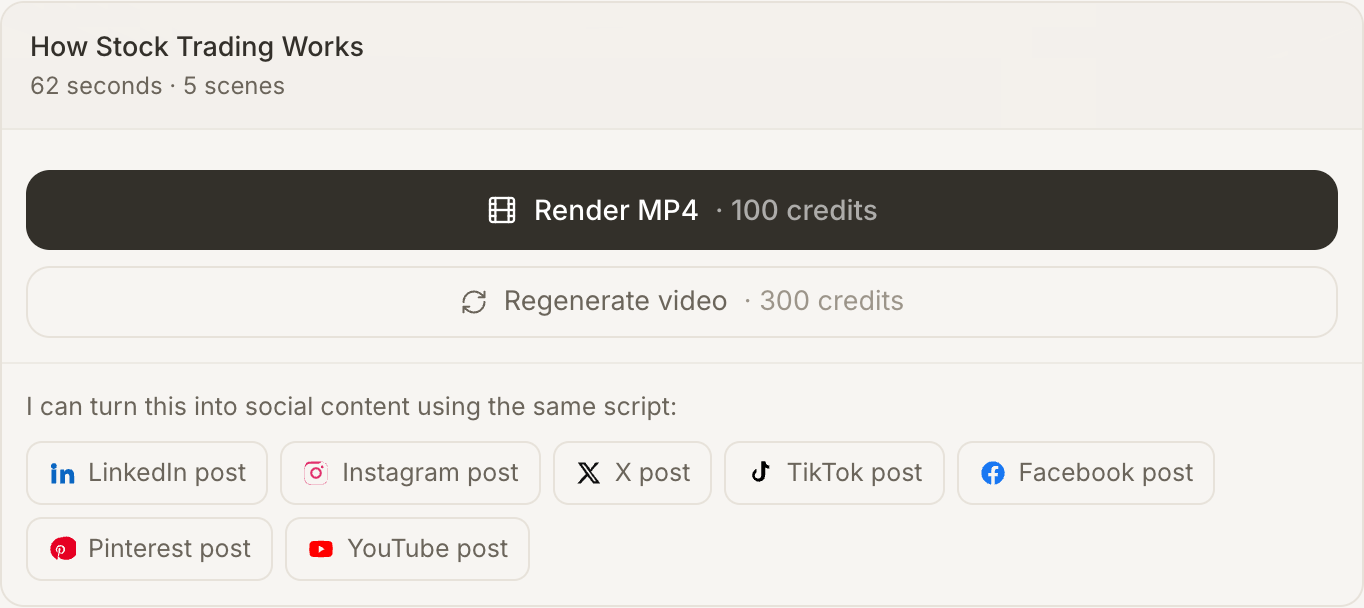 A finished Vidmoro video offering Render MP4 alongside a row of buttons for LinkedIn, Instagram, X, TikTok, Facebook, Pinterest and YouTube posts.
